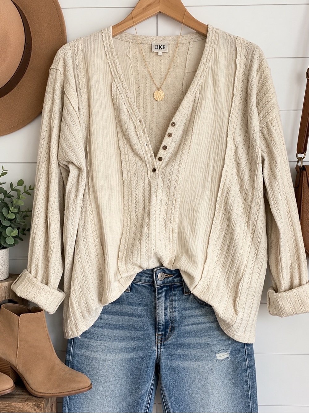 BKE Cream Textured Henley Top